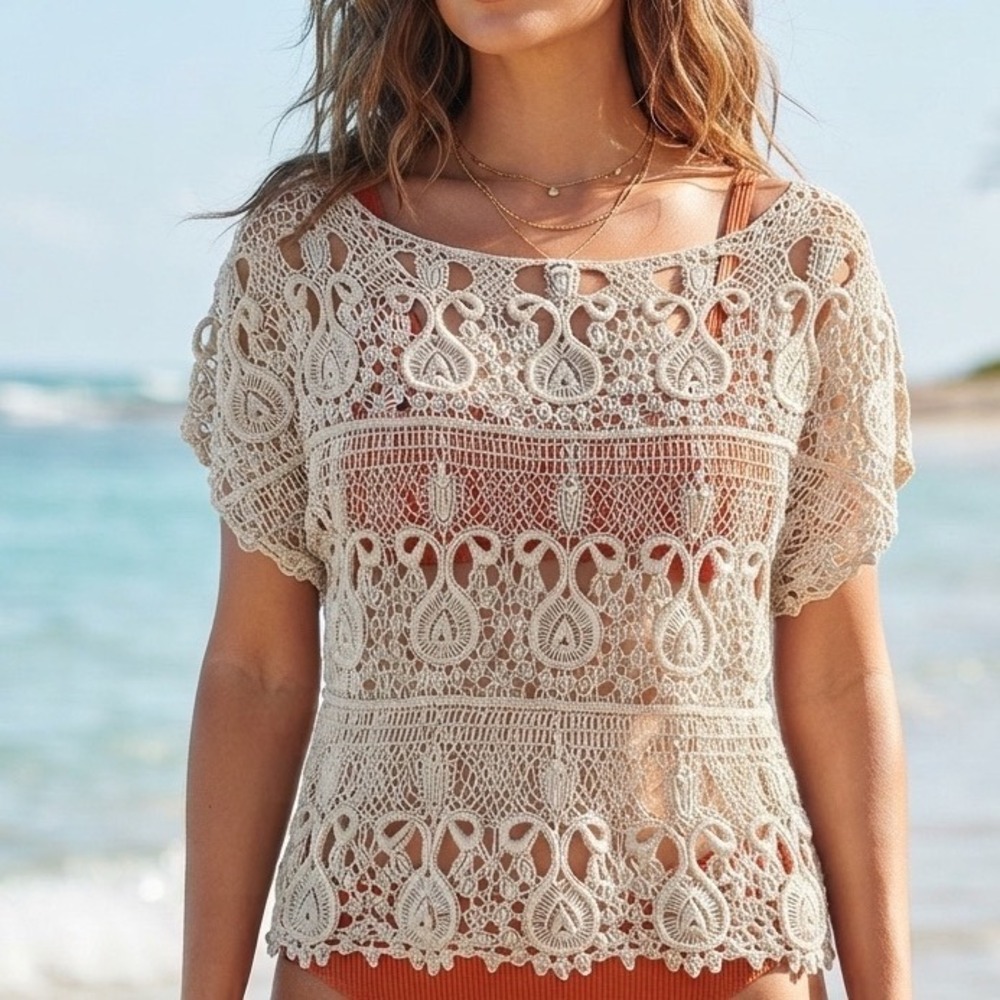 Teenbell Cream Crochet Lace Boho Top Short Sleeve One Size‎ Ivory Swimsuit Cover